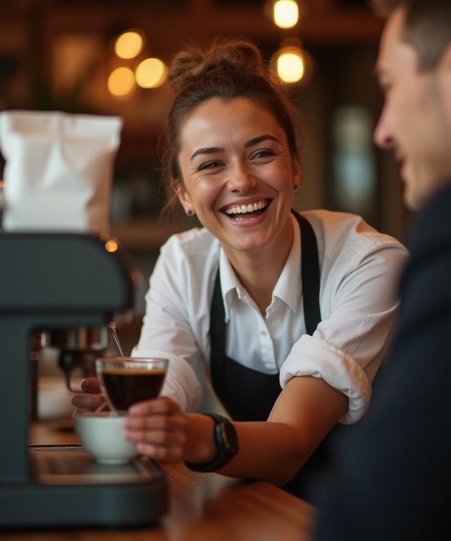 En entusiastisk og smilende barista som serverer en nylaget kaffe, med fokus på personlig service.